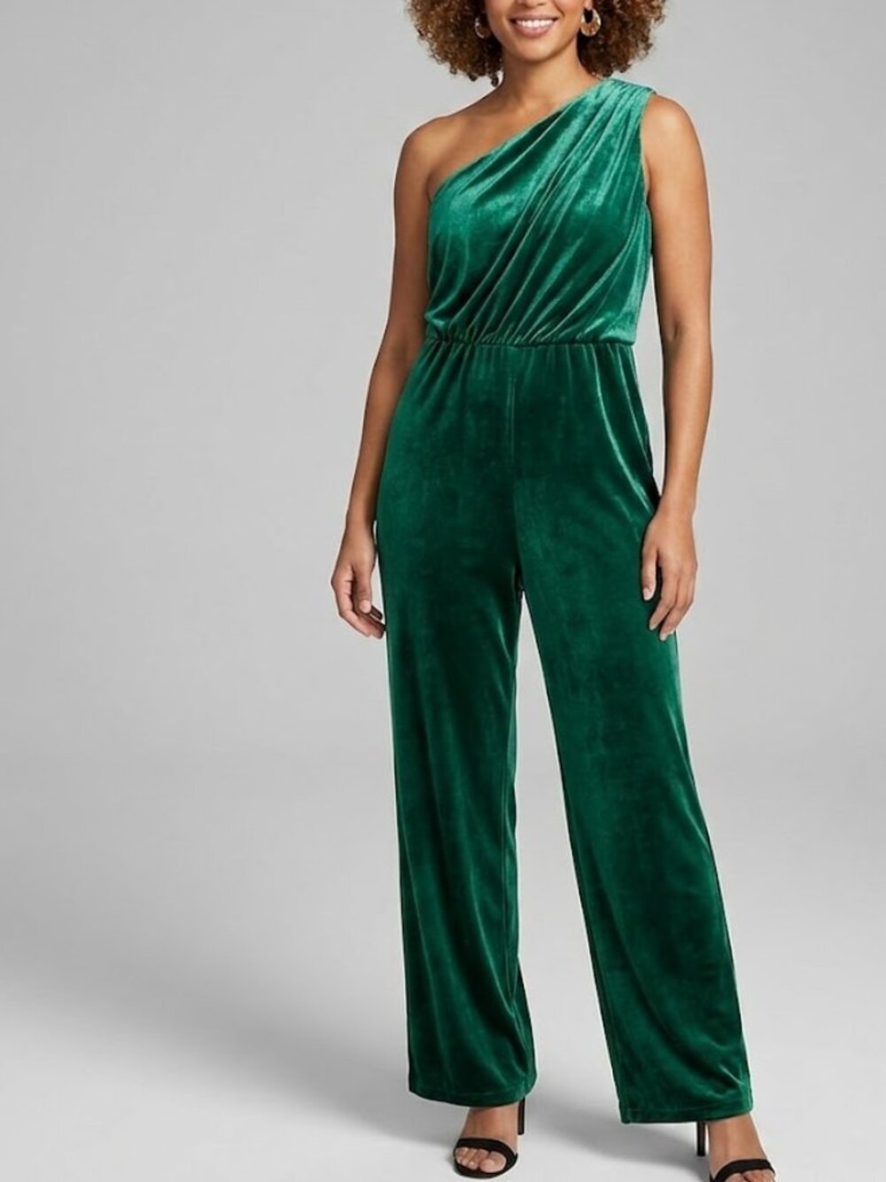 Express Velvet Emerald Green Ruched Wide Leg One Shoulder Party New Jumpsuit XL